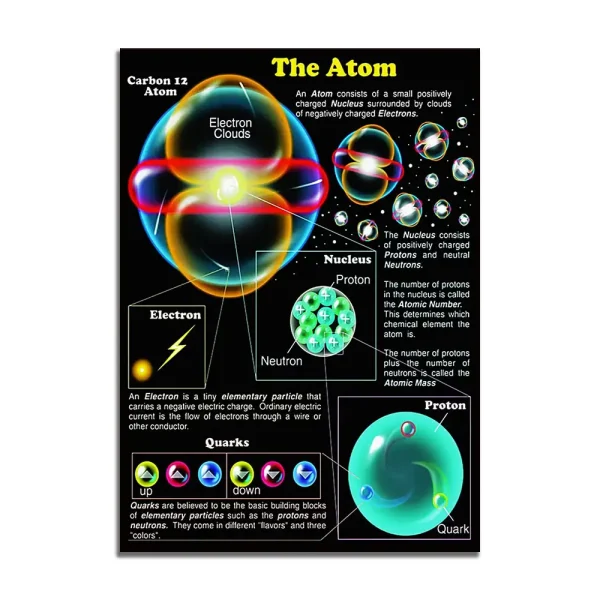 Diagramma educativo dell'atomo con particelle subatomiche come protoni, neutroni ed elettroni, evidenziando la struttura atomica e le particelle fondamentali.