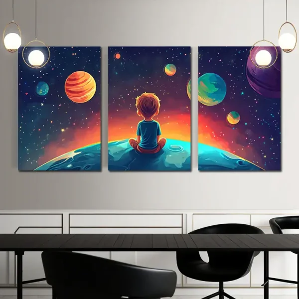 Illustrazione di un bambino seduto su un pianeta, osservando un cielo stellato con pianeti colorati, in stile arte moderna e decorativa per ambienti educativi o di intrattenimento.