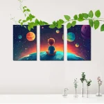 Pannello decorativo con scena spaziale e bambino che guarda le stelle.