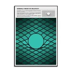 Poster illustrativo sulla teoria generale della relatività di Einstein, con diagrammi e spiegazioni fondamentali sulla curvatura dello spazio-tempo e la gravità.