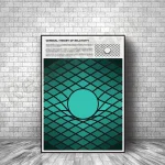Poster con illustrazione della teoria generale della relatività di Einstein, con rappresentazione grafica dello spazio-tempo curvo e un pianeta.