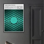 Poster scientifico sulla teoria della relatività di Einstein, con grafici e testo esplicativo, appeso a una parete grigia.