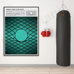 Poster con rappresentazione grafica della teoria della relatività di Einstein, con pianeta Terra e rete di linee geometriche, in un ambiente di palestra con sacco da boxe e guantoni.