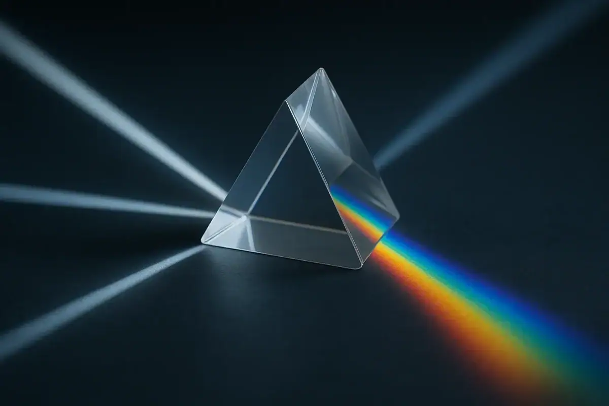 Triangolo di vetro con fascio di luce che crea un arcobaleno, oggetto decorativo scientifico elegante e moderno.