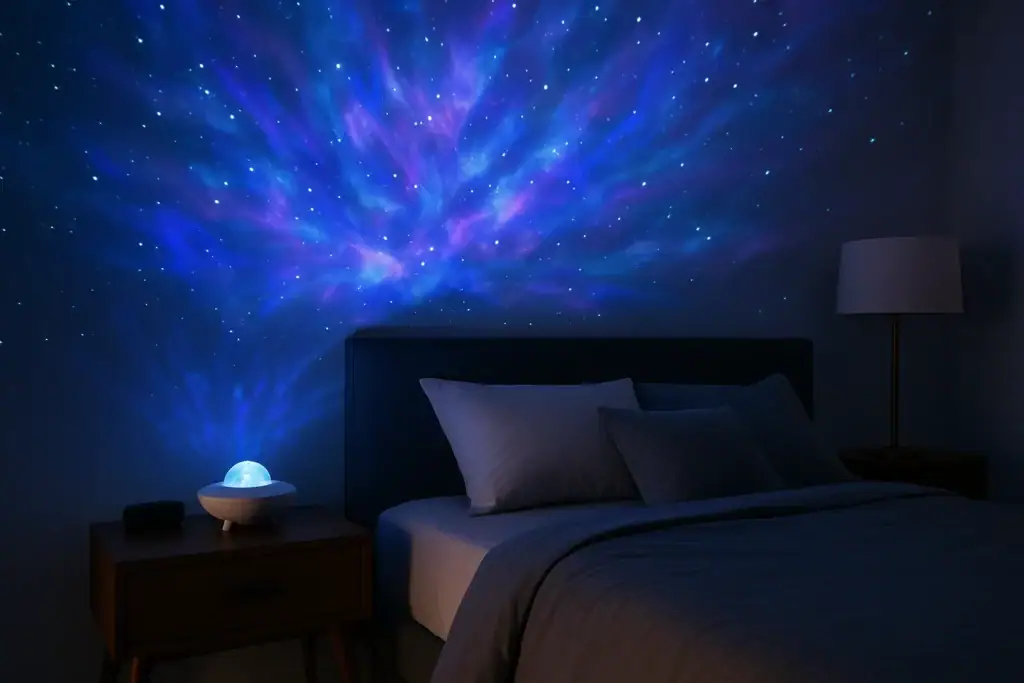 Mappamondo proiettore di stelle che crea un cielo notturno stellato sulla parete della camera da letto, atmosfera rilassante e magica.