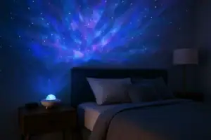 Mappamondo proiettore di stelle che crea un cielo notturno stellato sulla parete della camera da letto, atmosfera rilassante e magica.