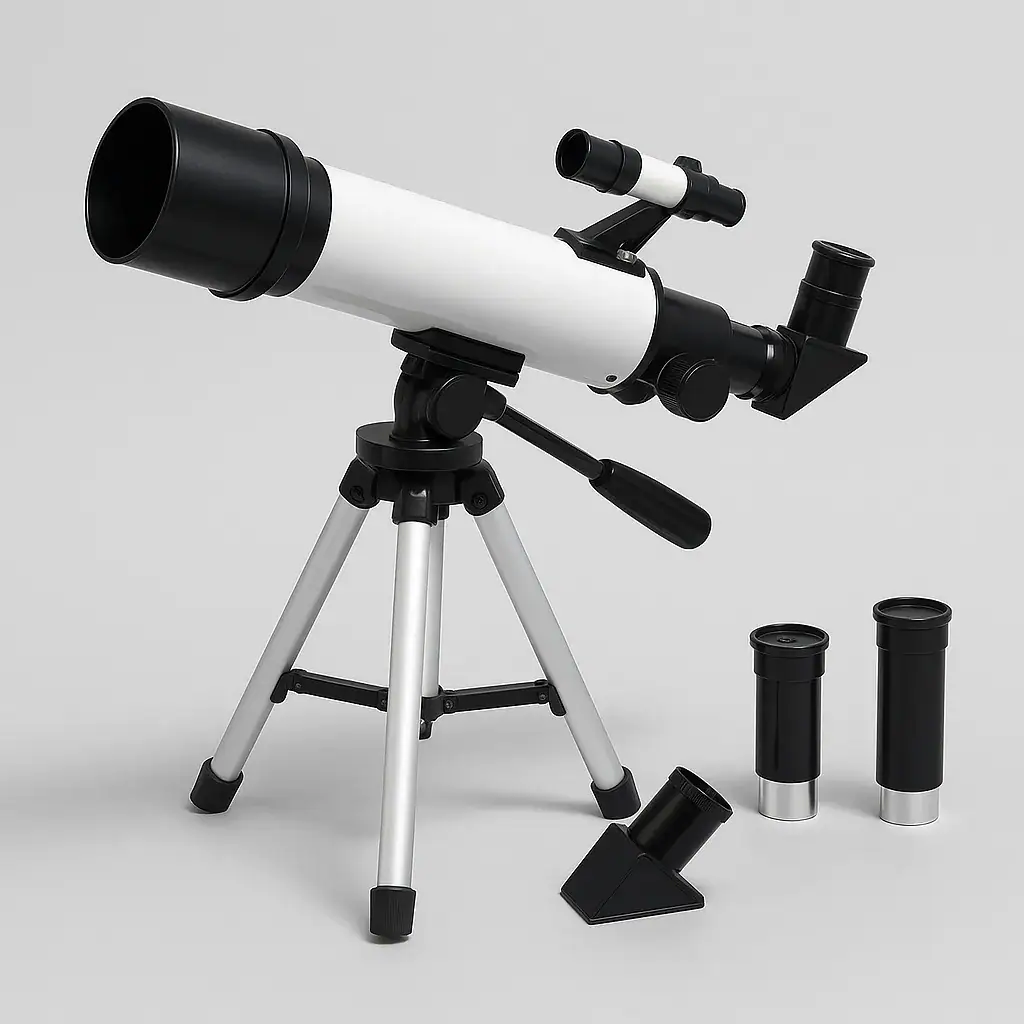Telescopio astronomico nero e bianco con tre oculari e supporto su treppiede, ideale per osservazioni scientifiche e astronomiche.