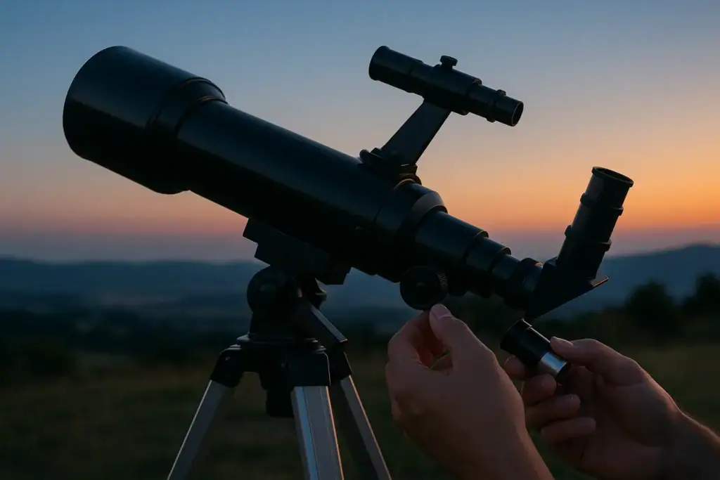 Telescopio astronomico nero con supporto su sfondo al tramonto, pronto per l'osservazione del cielo notturno.