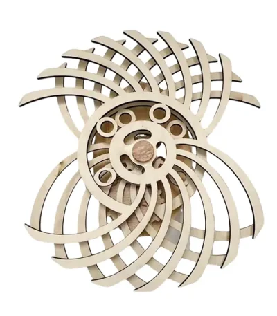Motore a spirale in legno, decorazione scientifica in stile minimalista, oggetto decorativo per appassionati di scienza e design.
