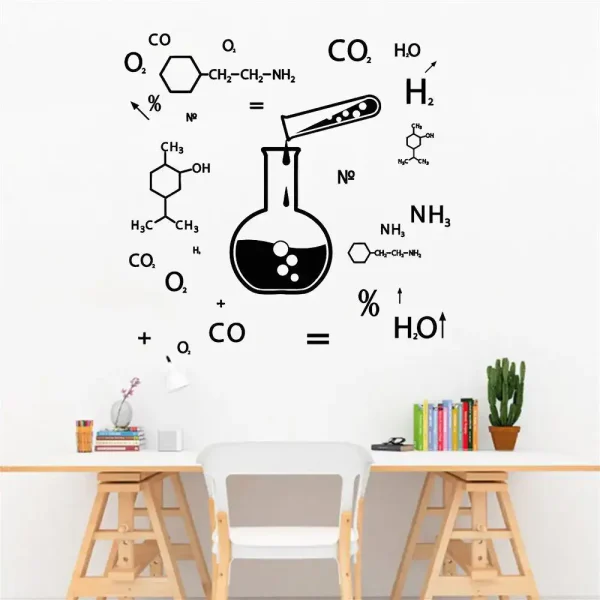 Oggetto decorativo con simboli chimici e strutture molecolari, ideale per ambienti educativi o scientifici.
