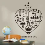 Decorazione murale con cuore stilizzato e strumenti scientifici, simbolo di passione e scienza, ideale per ambienti educativi o appassionati di chimica.