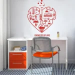 Simbolo di chimica e amore, decorazione murale con cuore e strumenti scientifici.