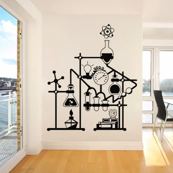 Decorazione murale con simboli scientifici in stile minimalista per ambienti moderni.