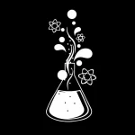 Vaso di chimica con bolle e atomi stilizzati, simbolo di scienza e ricerca, in bianco su sfondo nero. Perfetto come decorazione scientifica per ambienti educativi o scientifici.