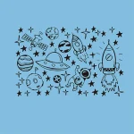 Illustrazione di oggetti scientifici e spaziali come razzi, pianeti, astronauti e satelliti su sfondo azzurro, ideale per decorazioni e oggetti scientifici.