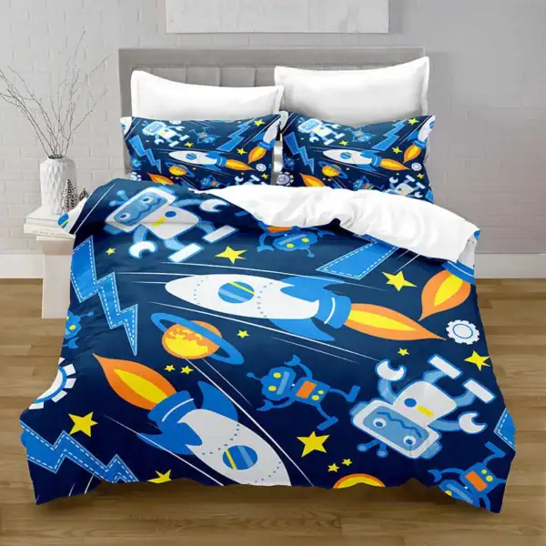 Set di lenzuola con motivo spaziale, astronauti, pianeti e stelle, ideale per bambini appassionati di spazio e scienza.