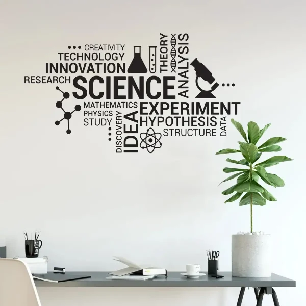 Decorazione murale con parole chiave della scienza come "ricerca", "teoria", "esperimento" e "innovazione" accompagnata da una pianta verde in vaso, ideale per ambienti di studio o uffici scientifici.