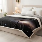 Manta decorativa con stampa di galassie e stelle, perfetta per aggiungere un tocco cosmico alla camera da letto o al soggiorno. Realizzata con materiali di alta qualità, è morbida e confortevole.