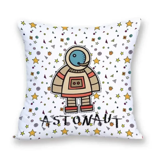 Piumino decorativo con disegno di astronauta stilizzato e stelle colorate, perfetto per decorare ambienti a tema spaziale o scientifico.