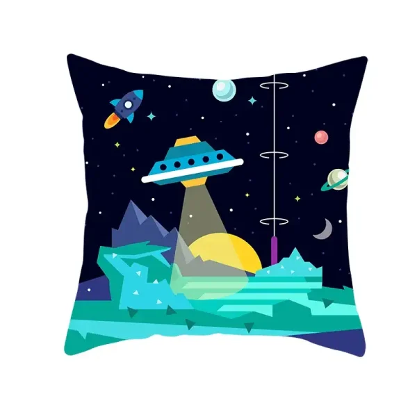 Decorazione spaziale con astronave e pianeti su cuscino.