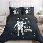Biancheria da letto con design spaziale, astronauta e pianeti, per camerette di bambini, decorazione originale e divertente.