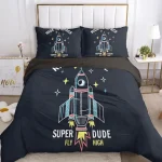 Set di biancheria da letto con stampa di razzo spaziale e scritta "Super Dude", ideale per appassionati di spazio e scienza, decorazione moderna per camera da letto.