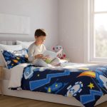 Bambino che legge un libro sul letto decorato con oggetti scientifici, in una stanza luminosa e moderna, con un robot giocattolo sullo sfondo.