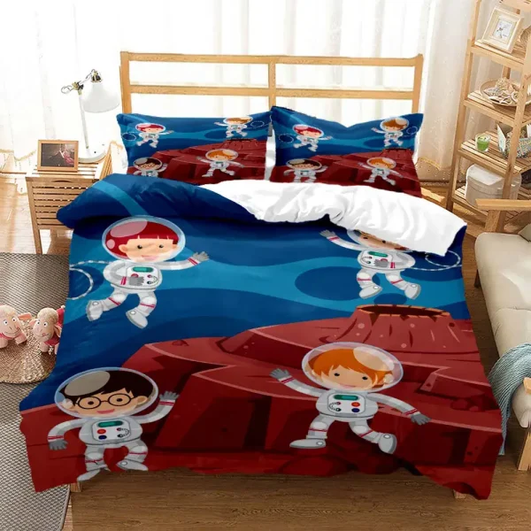 Piumone e federe con stampa di astronauti e pianeti, ideale per camere dei bambini, decorazione spaziale vivace e colorata.