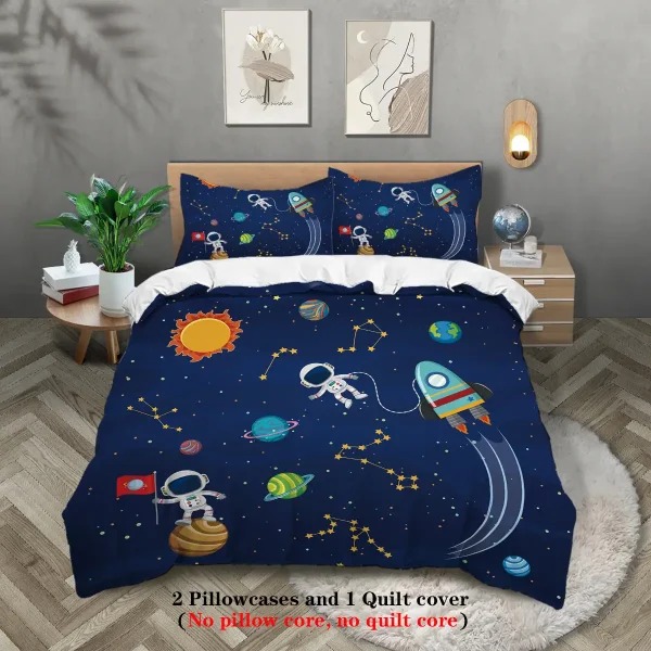 Copriletto e federe con design spaziale, astronauti, pianeti e navicelle in stile scientifico, perfetti per decorare la camera dei bambini o appassionati di astronomia.