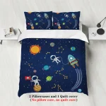Set di 2 federe e 1 piumino con design spaziale, astronauti, pianeti e razzi, perfetti per camerette di bambini appassionati di spazio e scienza.