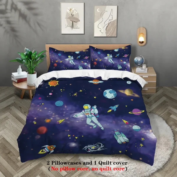 Set di copriletto e federe con motivo spaziale, astronauta e pianeti, ideale per decorazioni scientifiche e camere a tema spaziale, disponibile nello shop Oggetti Scientifici.