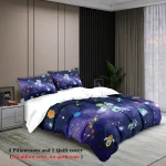 Set di biancheria da letto con coperte e federe a tema spaziale, decorato con astronavi, pianeti e stelle, ideale per appassionati di astronomia e decorazioni originali.