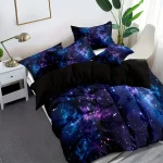 Set di biancheria da letto con stampa galattica, include piumini e federe con motivo spaziale, perfetti per decorare la camera con un tocco cosmico.