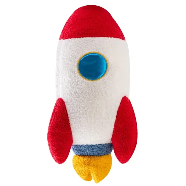 Peluche a forma di razzo spaziale con dettagli vivaci e colori brillanti, perfetto come decorazione scientifica o giocattolo educativo. Ideale per appassionati di astronomia e scienza.