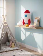 Oggetto decorativo a forma di razzo spaziale in tessuto, ideale per camerette di bambini, con libri e decorazioni a tema spaziale.