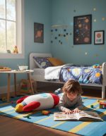 Oggetti scientifici decorativi a tema spaziale per camerette, con pianeti, stelle e astronavi, ideali per stimolare la curiosità dei bambini e creare un ambiente educativo e divertente.