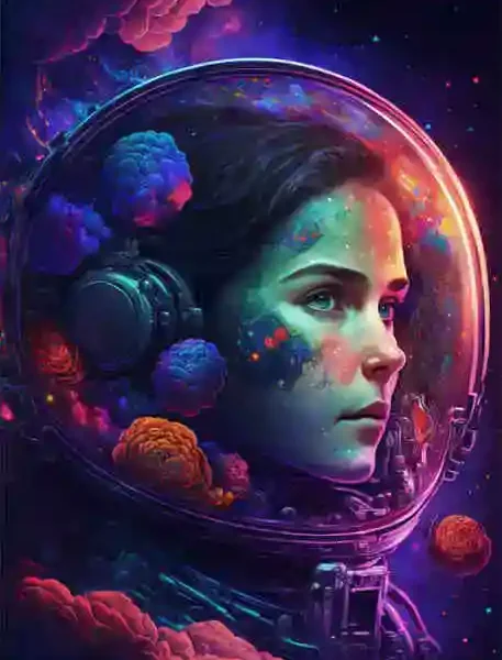 Astronauta femminile in casco con sfondo di pianeti e nebulose colorate, rappresentando l'esplorazione spaziale e la scienza.