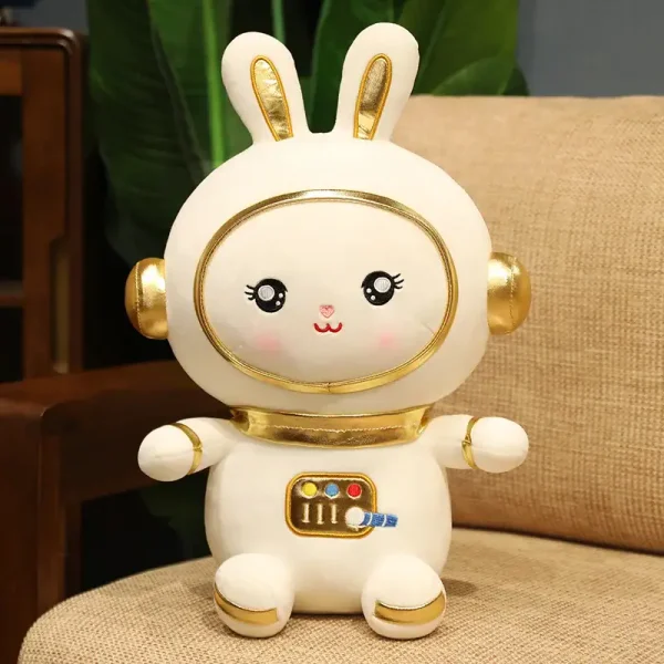 Pupazzo di coniglio spaziale decorativo con dettagli dorati, ispirato alla scienza e all'astronomia, perfetto come oggetto decorativo o regalo originale.