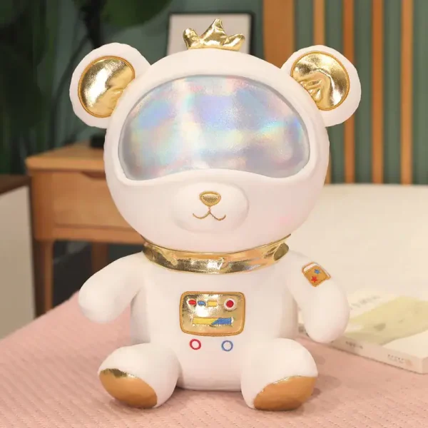 Tenero orsetto decorativo a forma di astronauta con casco lucido e dettagli dorati, perfetto come oggetto decorativo scientifico o regalo originale.