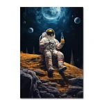 Astronauta che si rilassa con una bibita nello spazio, seduto su un pianeta sconosciuto con un cielo stellato e pianeti lontani sullo sfondo.