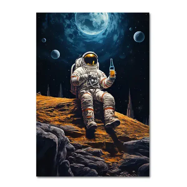 Astronauta che si rilassa con una bibita nello spazio, seduto su un pianeta sconosciuto con un cielo stellato e pianeti lontani sullo sfondo.