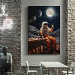 Dipinto artistico di un astronauta che lavora in un laboratorio spaziale sotto un cielo stellato con pianeti e lune, creando un'atmosfera futuristica e scientifica.