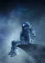 Astronauta seduto su un pianeta o asteroide nello spazio, con il cielo stellato sullo sfondo, indossa tuta spaziale e casco riflettente.
