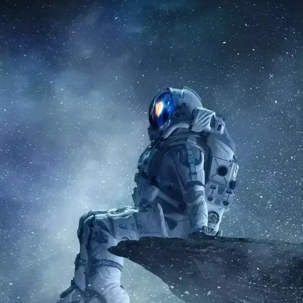 Astronauta seduto su un pianeta o asteroide nello spazio, con il cielo stellato sullo sfondo, indossa tuta spaziale e casco riflettente.