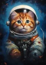 Gatto con occhi azzurri in tuta spaziale, casco e attrezzature da astronauta, ambientato nello spazio con stelle e pianeti sullo sfondo.
