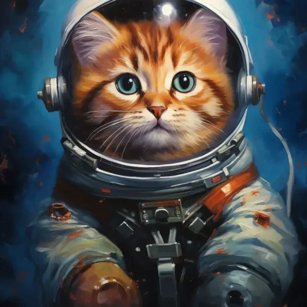 Gatto con occhi azzurri in tuta spaziale, casco e attrezzature da astronauta, ambientato nello spazio con stelle e pianeti sullo sfondo.