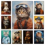 Gatto antropomorfo con casco da pilota, occhiali e abbigliamento da aviatore, in stile realistico, ambientato in un cielo nuvoloso.