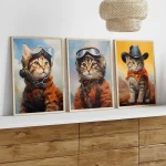 Tre quadri con gatti in stile astronauta e cowboy, decorazioni scientifiche divertenti per la casa o l'ufficio.