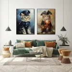 Gatto in uniforme da ufficiale e cappello, dipinto artistico con dettagli realistici e colori vivaci.