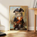 Gatto antropomorfo vestito da pirata con cappello tricornio, abiti storici e accessori marittimi, in un quadro decorativo.